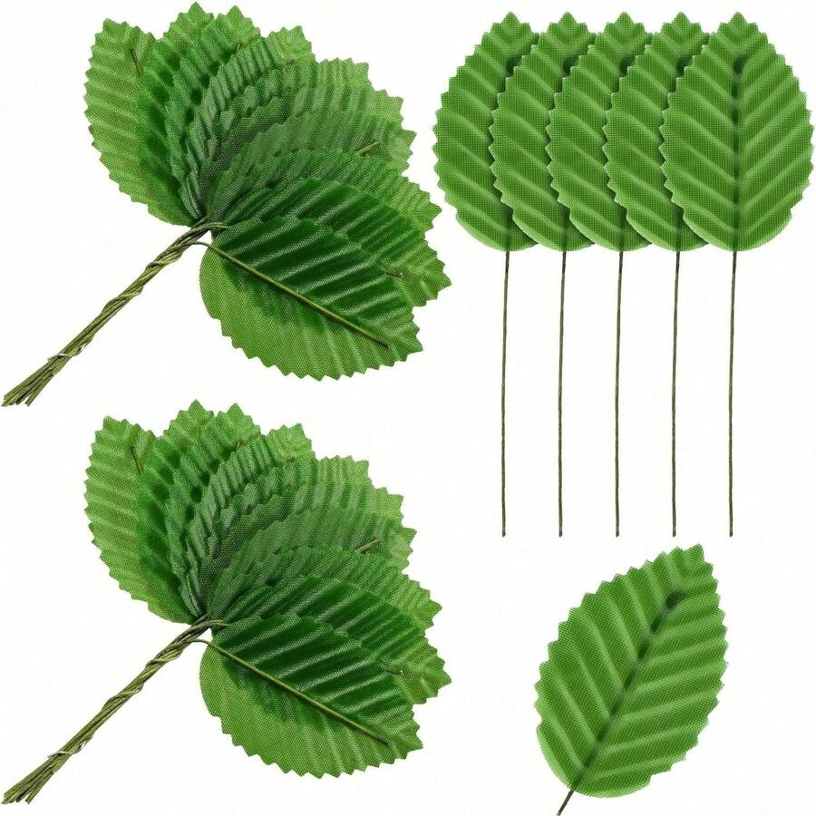 200 Pcs Artificial Leaves, 4.13x1.3 Artificial Green Leaves Faux Wired Single Wire Leaf Fake Leaf For Flower DIY Home Decorative Bouquet Wreaths Wedding