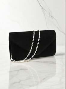 Black Velvet Envelope Design Evening Bag, Party/Wedding Clutch Handbag With Chain Strap, Fashion Wallet - Black - View 9