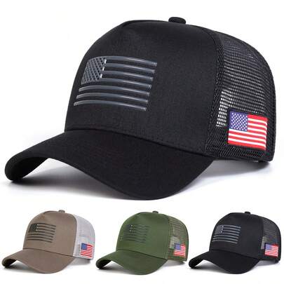 1 pieza Gorra de camionero con estampado de bandera estadounidense para hombres, gorra de béisbol personalizada impresa, gorra de malla de moda urbana, gorra casual de protección solar para exteriores, adecuada para primavera, otoño, viajes, playa