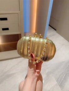 1 件闪亮褶皱迷你蛋形手拿包，优雅的金属双珍珠纽扣设计，适合派对女孩、新娘、大学生、年轻专业人士、派对、庆典、婚礼，配有金属链 - 金色 - 查看 3
