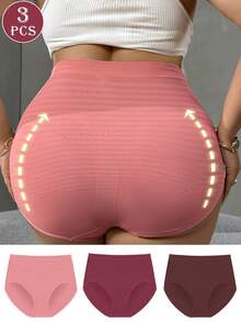 Calcinha feminina plus size, confortável, elástica, cintura alta, levantamento de bumbum, listrada, sem costura, cobertura total, 3 peças