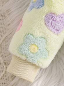 1 件女童休闲心形和花朵印花羊毛连帽夹克，秋冬