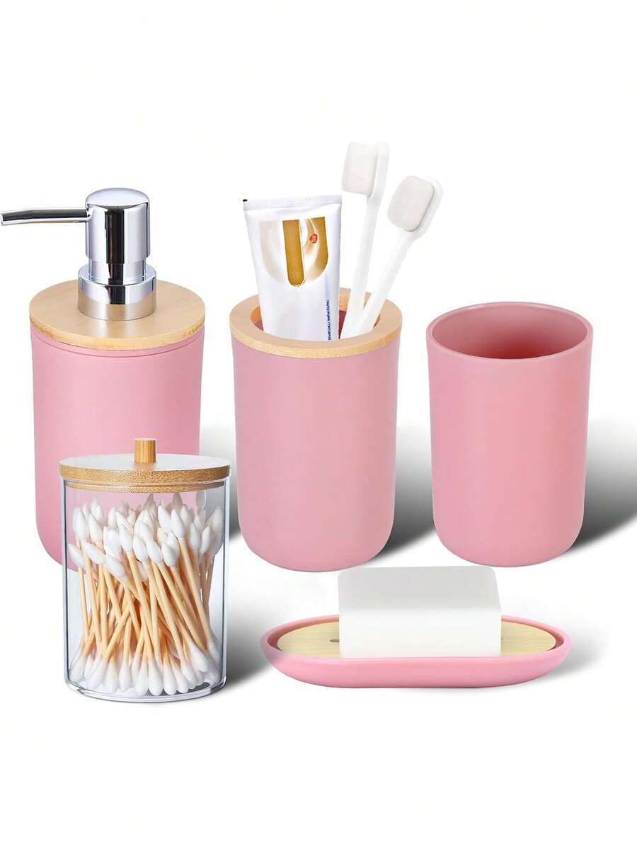 5件套简约粉色浴室套装，含洗手液和乳液分配器、漱口杯、牙刷架和肥皂盒，家居浴室装饰秋季装饰，返校季