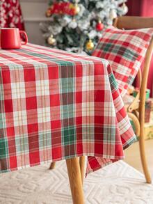 1pc Red & White Plaid Gold Line Square Tablecloth, Farmhouse Style Dining Table Cover, Polyester Material, Suitable For Kitchen, Dining Room And Christmas Decoration - Red and White - View 8