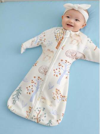 cottgoods 1pc Cartoon Print Baby Anti-Startle Sleeping Bag, Skin-Friendly Soft