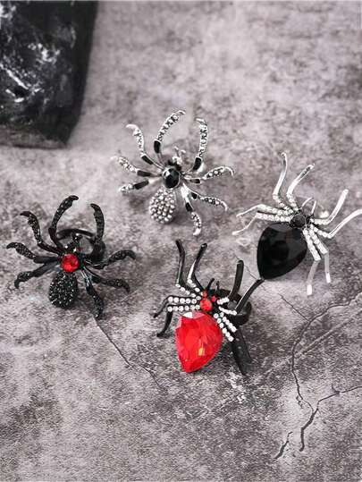 Donkergekleurde gepersonaliseerde Halloween spinnenring voor dames, in een koele stijl, modieuze open vingerring, glanzende zinklegering
