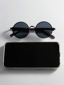 1pair Men's Metal Round Faux Woodgrain Temples Fashion Glasses Halloween Looks Street Style And Suit For Sweater Jacket Sweatshirt Hoodie Leather Pants And Cargo Pantsbeachtoys For Summer Beach Vacation,Outdoor,Travel - Black - View 8