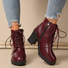 2025 New Women's Boots High Heel Thick Sole Waterproof Platform Ankle Boots, Chunky Heel, British Style, Wine Red, Autumn/Winter