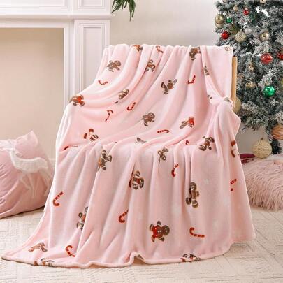 1pc Flannel Blanket Throw Blanket With Christmas Element Design, Featuring Santa Claus, Snowman, Gingerbread Man And Elk Designs, Super Soft, Warm And Comfortable Sofa Bed Blanket, Can Be Used As Air Conditioning Blanket And Cooling Blanket, Ideal Gift For Christmas To Give To Family And Friends, Creative Home Decoration With Interesting Patterns