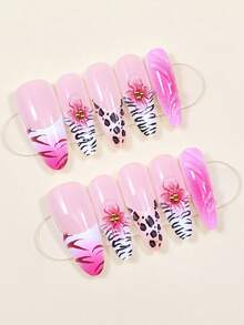 30 miếng dán móng tay họa tiết da báo Pháp và hoa hồng 3D hình hạnh nhân đính đá, thích hợp cho phụ nữ và bé gái sử dụng trong các bữa tiệc, dạ hội và hàng ngày, có thể tháo rời và tái sử dụng. - Nhiều màu - Xem 2