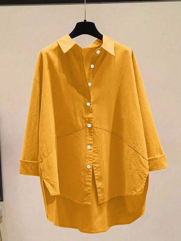 Plus Size Women Casual Solid Color Button Down Asymmetrical Hem Long Sleeve Shirt, Suitable For Vacation, Beach, Date, Commute, Holiday