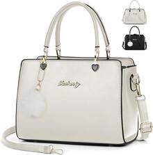 NUBILY Bolsas de Mujer Moda Bolsa de Mano Impermeable PU Bolsa Tote con Pompón Bolso Crossbody Hombro para Casual Viajes Citas Compras - Beis - Ver 6