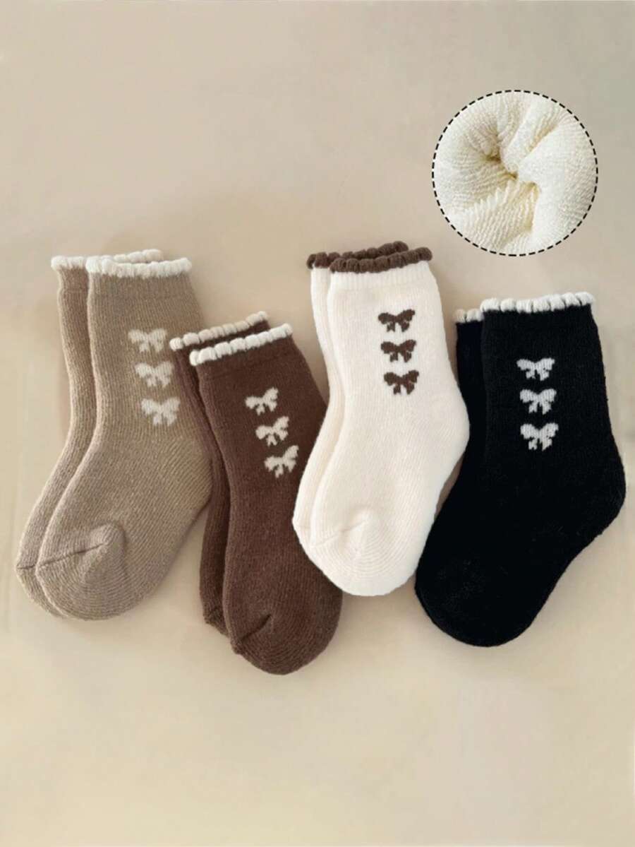 4 Paar Kinder Weiche, warme Fleece-gefütterte Socken mit Schleifen-Dekor, Prinzessin-Stil, knöchellang, geeignet für Skifahren, Herbst/Winter