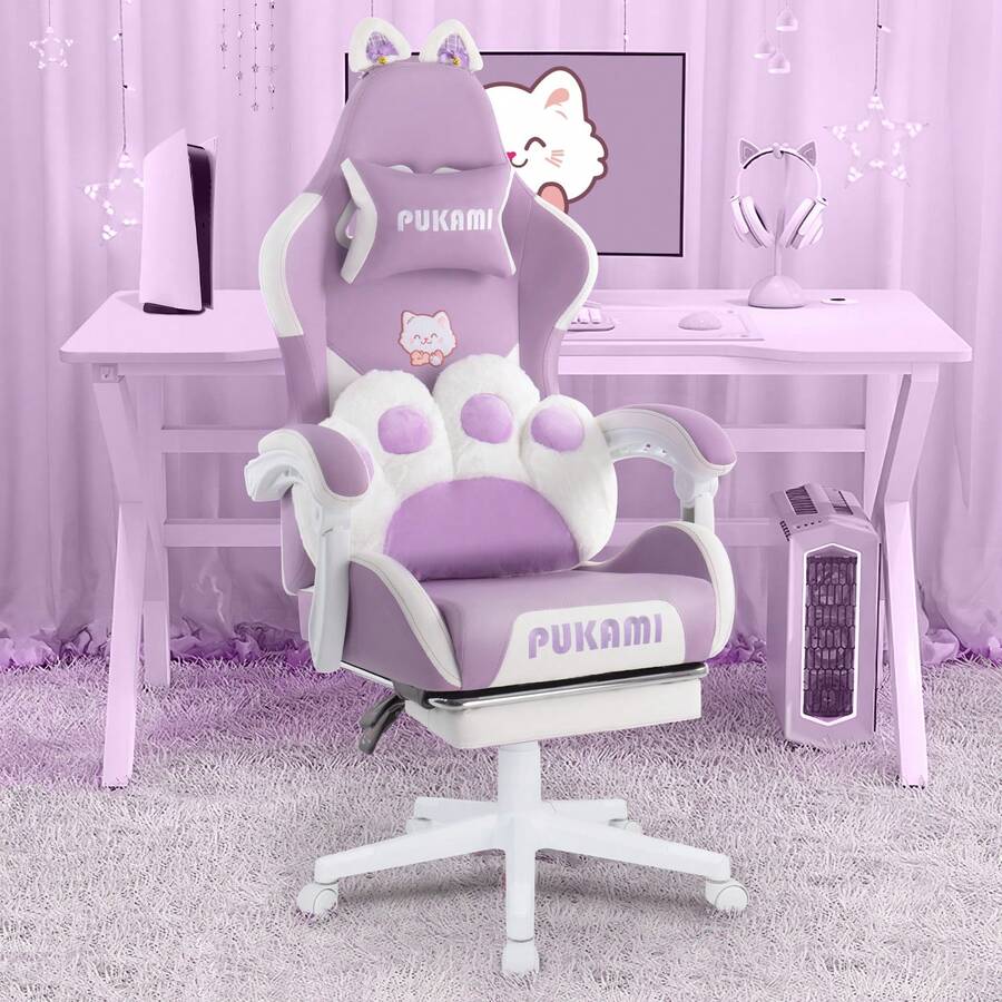 Cute Gaming Chair With Cat Ears & Cat Paw Lumbar Support, Ergonomic Reclining PC Chair, With Footrest, Headrest & Adjustable Features,Halloween Decor - Màu tím - Xem 1