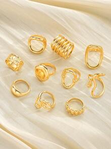 15/10Pcs Punk Smooth Geometric Open Rings Set For Women Exaggerated Asymmetrical Silver Color Thick Chunky Ring Hip Hop Jewelry Gifts