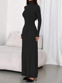 Women's Dress Fall Long-Sleeved Turtleneck Stylish Slim-Fit Knitted Maxi Dress Wedding Guest Party Casual Wear - 黑色 - 查看 4