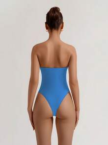 XLLAIS 女士夏季蓝色高弹双层布料抹胸连体衣，休闲日常简约度假风优雅 - 深藍色 - 查看 4