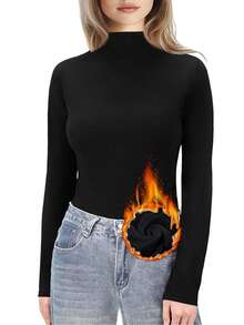 Women's Thermal Underwear Autumn Winter Warm Bottom Shirt Turtleneck Pullover Knitwear De Velvet Solid Color Pile Neck Tops - màu đen - Xem 4