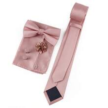 ZONFAZ Bộ 5 món phụ kiện vest nam cổ điển màu trơn cà vạt + nơ + khăn bỏ túi + khuy măng sét + ghim ve áo, thích hợp cho đám cưới, sự kiện trang trọng và mặc hàng ngày - Bụi hồng - Xem 5