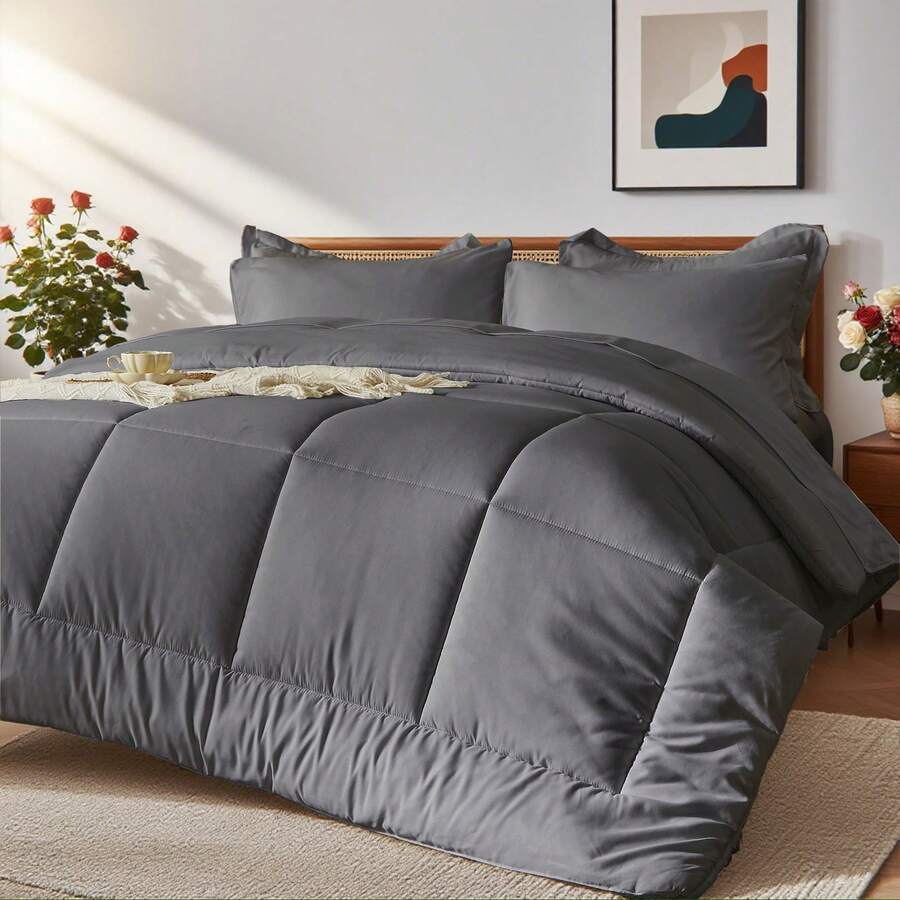 5/7pcs Simple And Stylish Embossed Bed Comforter Set, 100% Microfiber Soft Breathable Summer Bedding Set, Comfortable And Durable, Include 1 Comforter+1 Flat Sheet+1 Fitted Sheet+1/2 Pillowcases+1/2 Pillowshams,All-Season, Bed In A Bag, Room Decor, Best Gift - Xám đậm-BZ01 - Xem 1