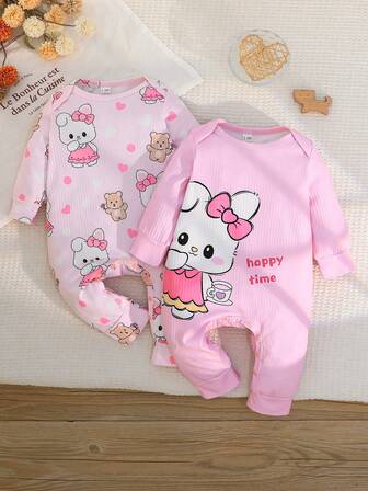 Baby Girls' Cute Rabbit & Letter Print Long Sleeve Jumpsuit, Casual & Comfortable Jumpsuit For Spring/Autumn
