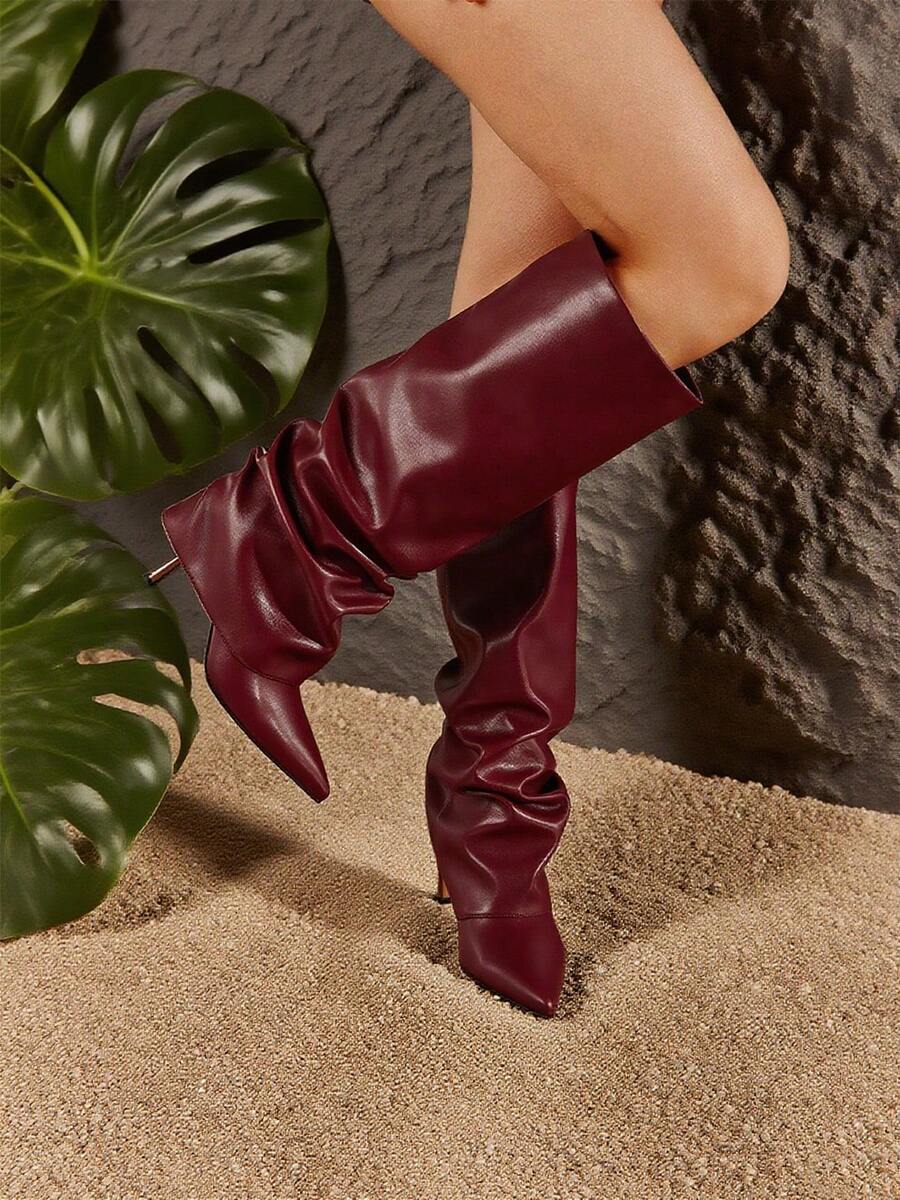 Women's Slouchy Fold Over Knee High Boots Pointed Toe Stiletto High Heel Ruched Boots Fashionable Pleated Autumn&Winter Party Dating Holiday Dress Boots - 酒紅色 - 查看 1