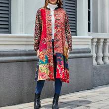 LUZU JUNU Women's Trench Coat Floral Print Long Cotton Linen Jacke Cottagecore Clothing Patchwork Outwear Bohemian Unique - 黃色 - 查看 2