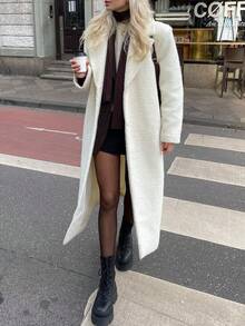 女士纯色纽扣口袋蓬松长外套，适合日常、上学、约会、旅行 - 白色 - 查看 2