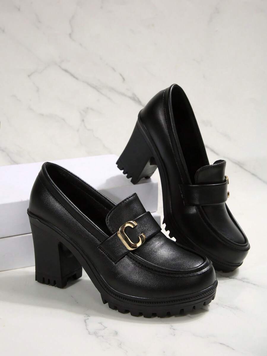 Women's Classic Loafers With Metal Buckle, Comfortable Thick-Soled High Heels - 黑色(C扣) - 查看 1
