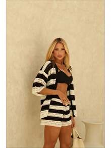 STRIPED KNITTED SHORTS SET - 黑色 - 查看 1