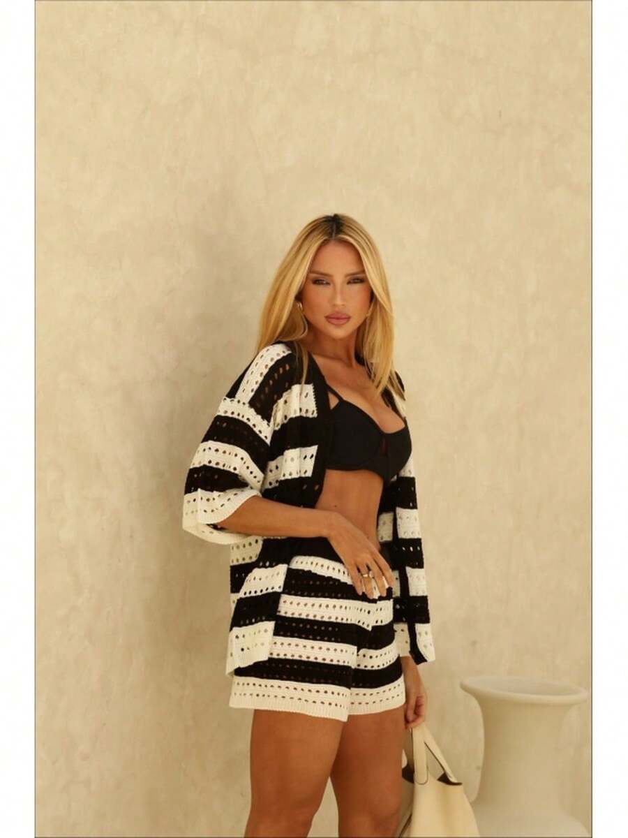 STRIPED KNITTED SHORTS SET - 黑色 - 查看 1