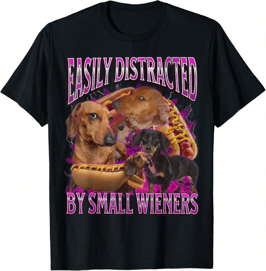 Easily Distracted By Small Wieners Funny Offens Dachshund T-Shirt - màu đen - Xem 1