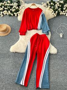 Valentine's Day, Date Night Outfit, Gifts For Her Magic Mia Women's Denim Patchwork Co-Ord Set - Matching Jeans Set With Color Block Design | Long Sleeve Tracksuit & Contrast Stitching For Streetwear Athleisure Fall And Winter - Đỏ - Xem 6