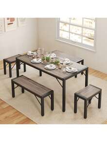 5 Piece Dining Table Set, Table And Chairs Set, Kitchen Table Set With Metal Frame With 2 Benches And 2 Stools For Kitchen, Dining Room, Available In Black, Gray And Retro Colors - Xám - Xem 10