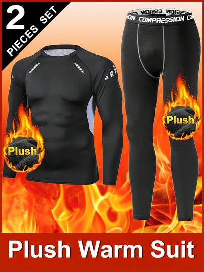 男士保暖内衣套装，黑色长袖圆领上衣和长裤，时尚修身保暖内衬，适合秋冬季运动、健身、跑步、骑行、滑雪等，保暖舒适。