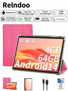 Relndoo Tablet Android 2025 Newest, 10.1-Inch Tablet With Case, RK3562 Quad-Core 2.0 GHz, (4GB+4GB) RAM+64GB ROM, Android 14 Tablet With 6000mAh Battery, 2MP+8MP Dual Camera, 1280*800px HD Touchscreen, Wireless, 802.11n Wifi6 2.4g/5.0g, GMS Certified Computer Tablets PC With Tablet Protective Film (Without Adapter)-Pink