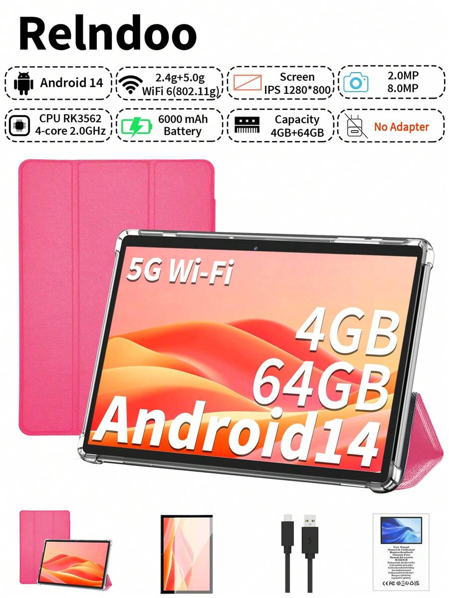 Relndoo Tablet Android 2025 Newest, 10.1-Inch Tablet With Case, RK3562 Quad-Core 2.0 GHz, (4GB+4GB) RAM+64GB ROM, Android 14 Tablet With 6000mAh Battery, 2MP+8MP Dual Camera, 1280*800px HD Touchscreen, Wireless, 802.11n Wifi6 2.4g/5.0g, GMS Certified Computer Tablets PC With Tablet Protective Film (Without Adapter)-Pink