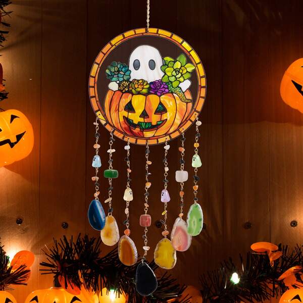 1 Pc 2D Flat Pumpkin, Bat, Witch Stained Acrylic With Agate Pendant Window Hanging Horror Sun Catcher Decor Halloween Suncatchers For Garden Home Windows Hanging Decoration