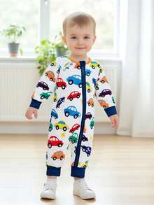 Mono de otoño para bebé, holgado, elegante, con estampado de coches, cremallera, cuello redondo, manga larga, para recién nacido - Blanco - Ver 4
