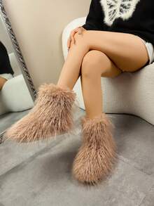 1 Paar Oversize 36-43 Batik Weihnachten einfarbig Y2K Party Punk Mode süße Kunstfell Patchwork Kunstfell gefütterte Overknee Stiefel, warm für Zuhause, Feiertage, Party im Winter