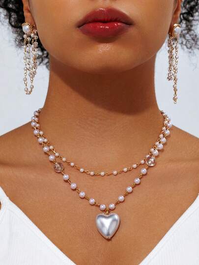 1 conjunto de 4 peças colar com pingente de coração 3D de pérolas artificiais duplas e elegantes, brincos de borla de pérolas artificiais, conjunto de joias femininas