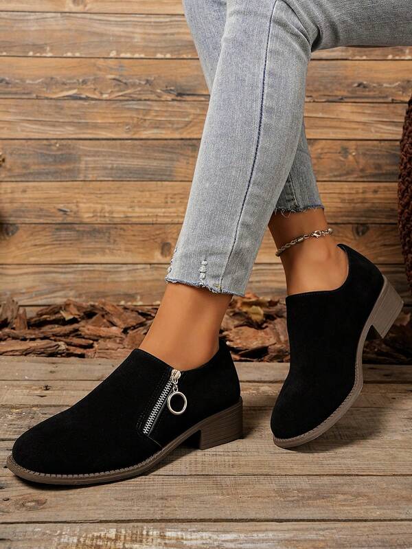 1 Pair Women's Chunky Mid-Heel Round Toe Solid Color Commuting Office Shoes, Retro Comfortable Versatile Casual Flats