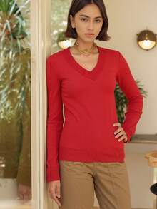 Cold Weather Knitted Sweater Top V Neck Plain Basic Long Sleeve Winter Women Simple Knitwear Knitted Daily Autumn Long Sleeve - 紅色 - 查看 1