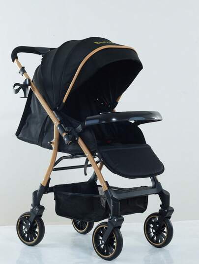Carrinho de bebê com quatro rodas giratórias, assento reclinável, mecanismo de dobragem com um toque e manuseio em duas