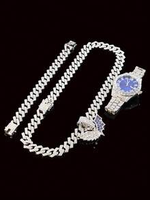 Conjunto de collar con colgante de alas de murciélago con diamantes y reloj de esfera azul con diamantes completos, joyería con cadena cubana con brillo para raperos y ropa urbana - Azul - Ver 12