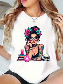 Gothic-Boho-Witch-Girl-With Lady's Summer T-Shirt Soft And Comfortable Fabric Casual And Versatile Summer Clothing Suitable For Halloween Holiday Gifts - 白色 - 查看 1