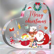 لوحة بلورية مسطحة بشكل قلب مع تصميم "عيد ميلاد مجيد" - مشهد من المدفأة والشجرة والجورب في عيد الميلاد، ديكور عيد الميلاد الأحمر والأخضر، مناسبة للمكتب أو الحائط، هدية عيد الميلاد المثالية، ديكور عيد الميلاد