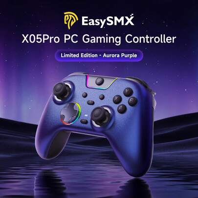 EasySMX X05 Pro 无线游戏手柄，PC 控制器，静音按键/双段式扳机/八向方向键/柔软橡胶握把/霍尔效应摇杆/RGB 灯光/可编程按键/1000mAh 大容量电池/多模式连接开关。兼容 PC/Switch/手机/Steam/电视，双震动马达，脉冲扳机。
