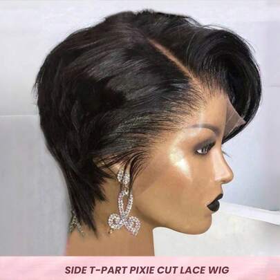 Tóc giả ren Pixie ngắn uốn xoăn tự nhiên 13x4x1 dành cho nữ, tóc Remy màu đen, tóc giả màu P427