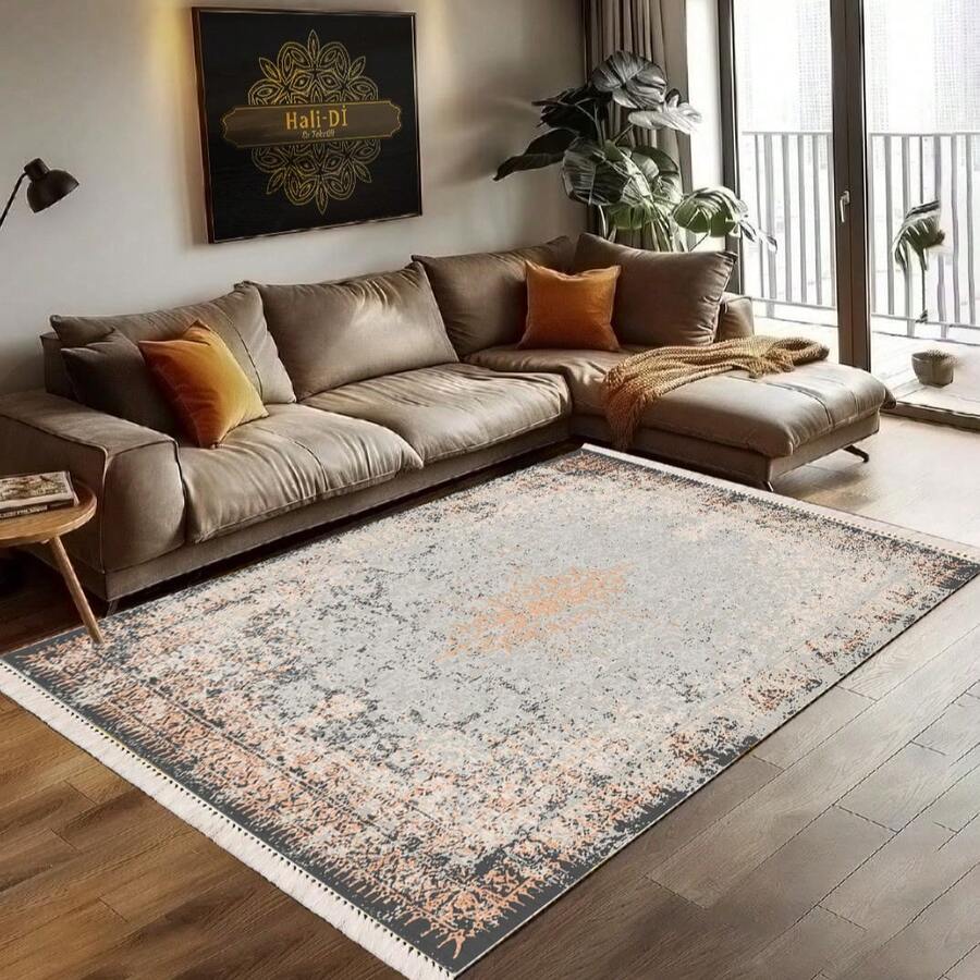 Digitally Printed Rug With Non-Slip Dot Backing And 3 Mm Foam Padding. Made From 100% Durable Polyester Fabric With Elegant Tassels. Available In Multiple Sizes. Perfect For Living Rooms, Bedrooms, Hallways, And Offices. Made In Turkey. - Grey - View 1